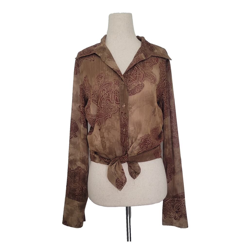 Vintage Y2k B Moss Sheer Paisley Button Up Size M Brown Boho Chic Earthy Western